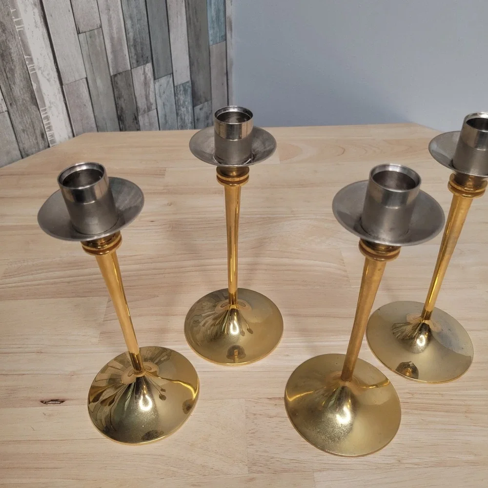 Vtg Scandia Guldgold Karlshamn Sweden 24K‎ Gold Plated Brass 4 Candlesticks  MCM